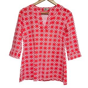 Katherine Way Geometric Tunic Top Women S Coral 3/4 Sleeve Preppy Resort Stretch